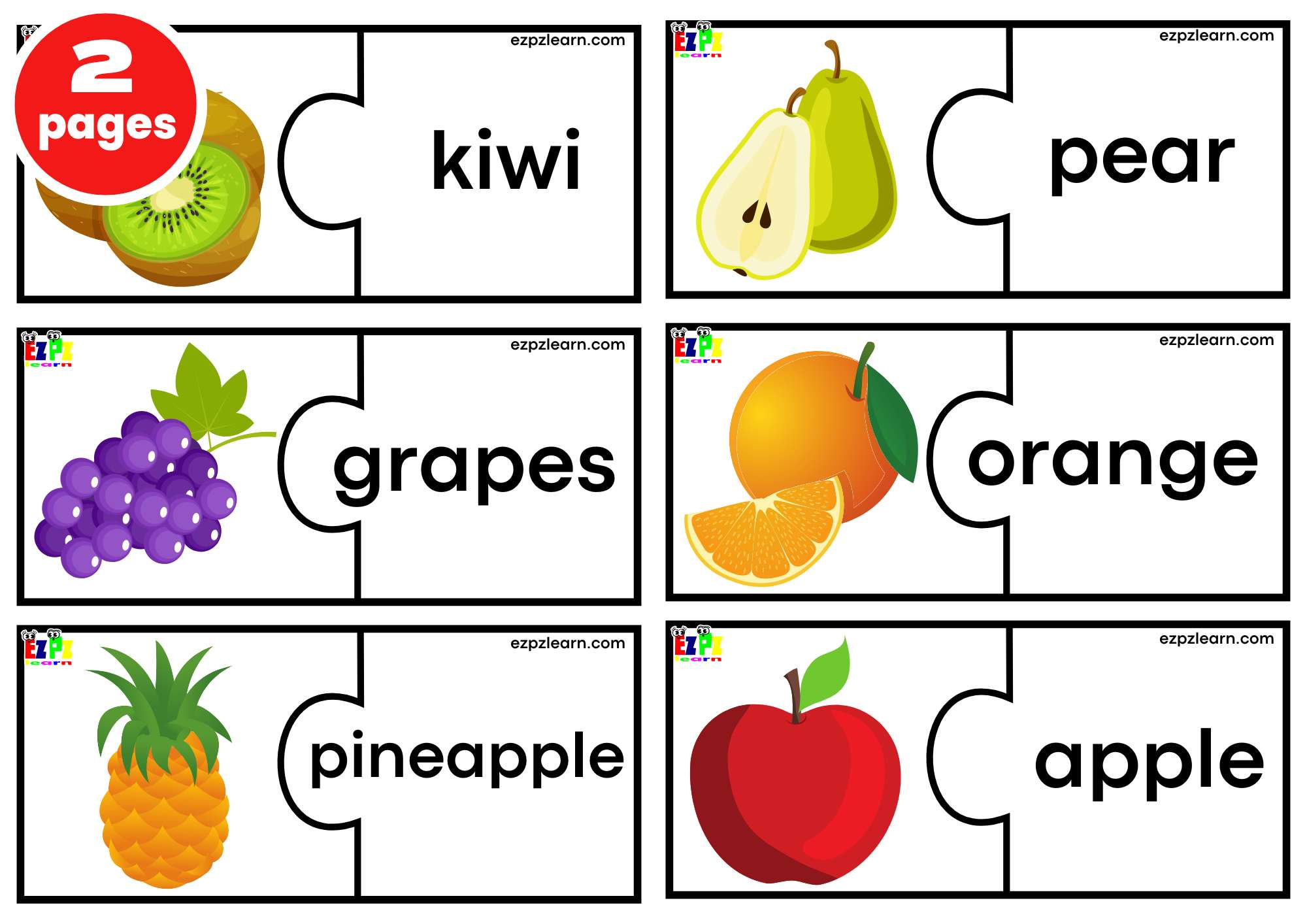 Fruit Puzzle Match Game. Large Size 6 Words per page. Free PDF Download